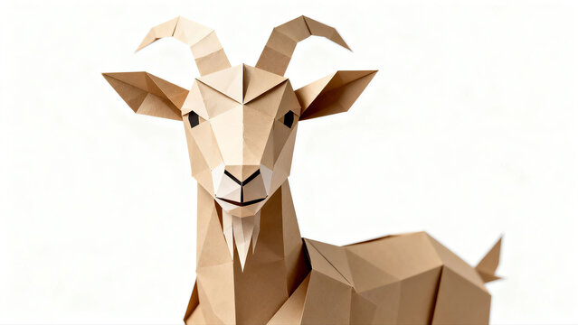 Low poly geometric papercraft animal head of a goat or antelope isolated on white background. Modern origami art and 3D paper sculpture concept