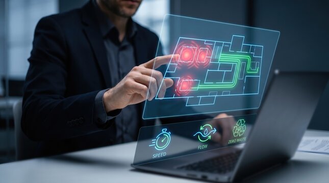 Lean Manufacturing and Process Optimization Concept: Manager using Holographic Factory Map to Convert Waste (Red Zones) to Efficiency (Green Pathways) in Modern Office Setting.
