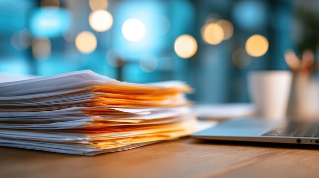 Stacked office documents and laptop on a desk with blurred background