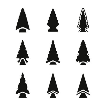 Set of 9 Tribal Arrowhead Icons, Ancient Tool Symbols, Primitive Weapon Silhouettes