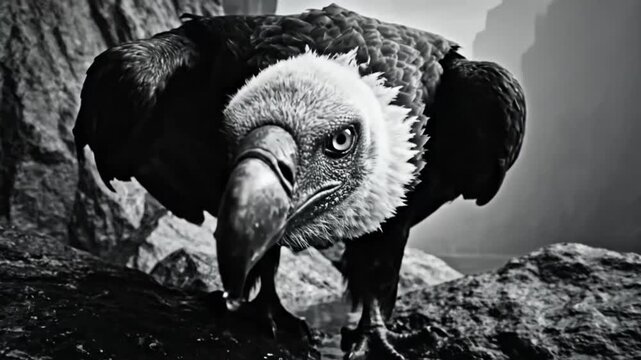 Black and white close-up of a vulture drinking water perched on a rock near a body of water in a canyon setting