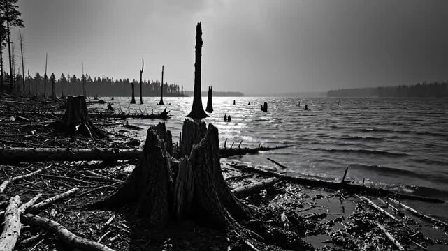 Black and white view of a lake with dead trees and tree stumps, an evocative landscape