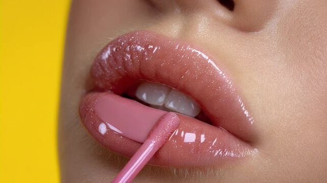 Applying lip gloss close up beauty cosmetic product