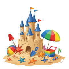 Obraz premium Whimsical Sandcastle with Colorful Beach Accessories Illustration