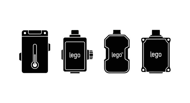 Set of Four Black Lego Bricks with White Logos on White Background