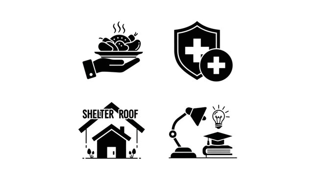 Set of icons: food, healthcare, housing, education, and ideas