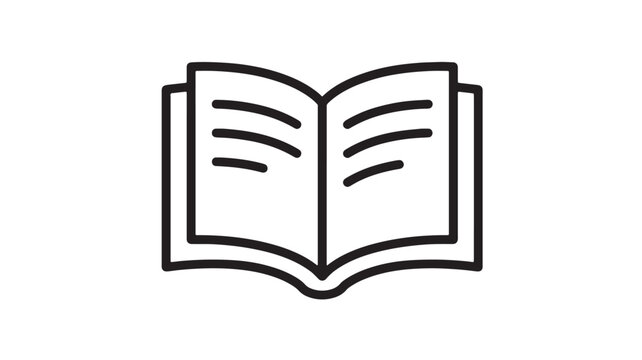 Open book icon with thick black outline and internal text lines, simple vector style for reading education themes