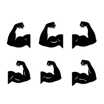 Six Pack Strong Biceps Flexing Arms Silhouette Icon Set