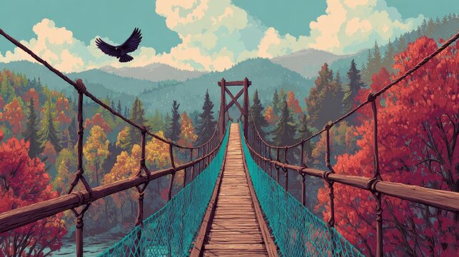 Suspension bridge spans colorful forest, crow flies overhead