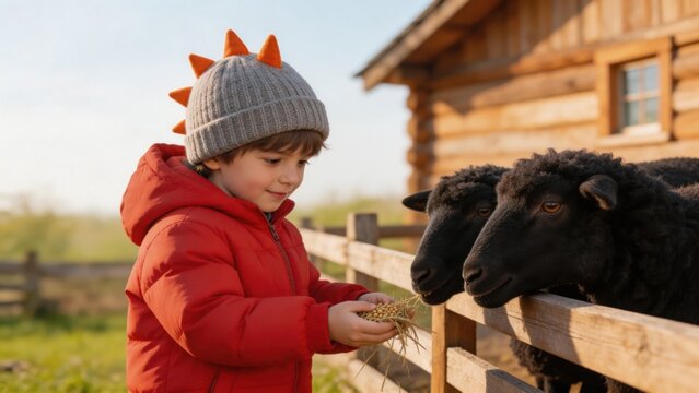 Child feeding sheep on farm