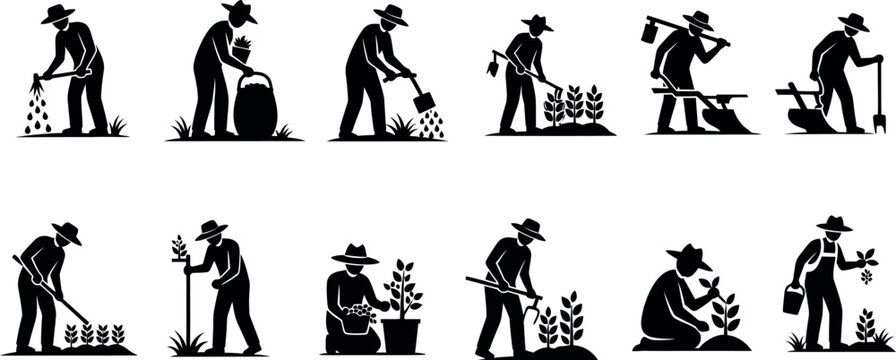 Black and white vector line art showing a farmer working through various stages of planting, growing, and harvesting crops.