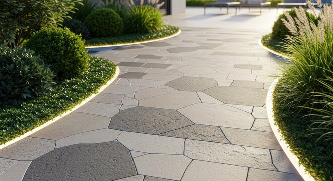 A beautifully designed modern stone paver walkway path winding through lush green landscaping toward a sunny outdoor patio area, luxury, design, stone
