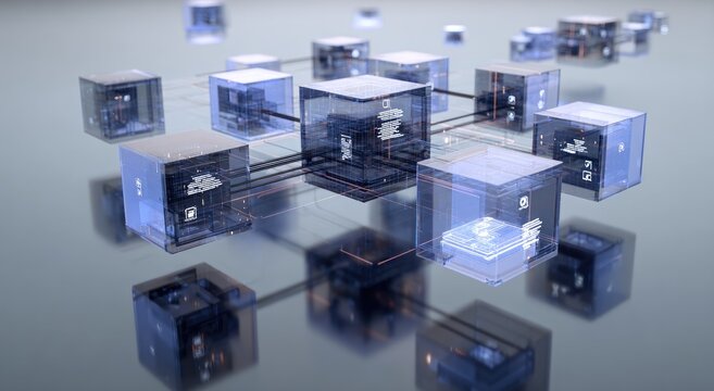 Transparent cubes connected in a network on a light background