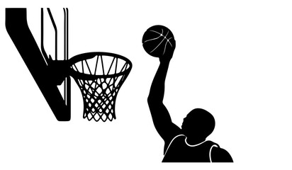 Silhouette of a professional basketball player performing a slam dunk at the hoop. © MdSabbir