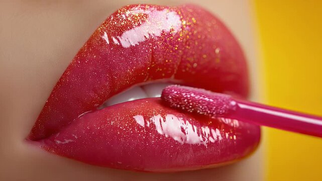 Close up of glossy lips with applicator against a yellow background