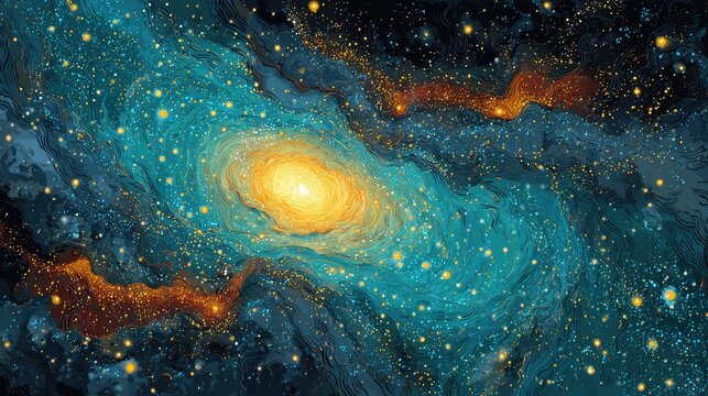 Swirling cosmic cloud with bright core, nebulae, and stars