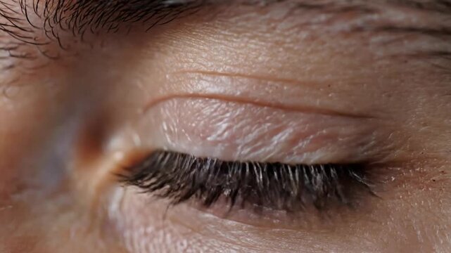 Close up of a human eye with blue iris detailed texture and lashes