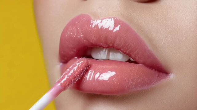 Close up of glossy lips with lip gloss applicator