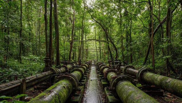 Industrial pipes overtaken by lush green jungle overgrowth, nature reclaiming its space