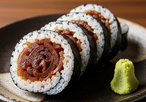 飴色に煮込まれた艶やかな干瓢と海苔の香りが食欲をそそる干瓢巻き
