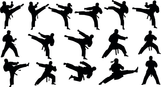 Set of black silhouette figures demonstrating various karate and combat moves in a minimalist vector illustration.