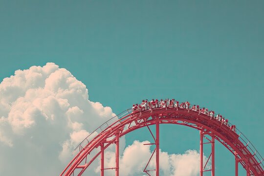 Thrill seekers ascend a vibrant red roller coaster track against a blue sky