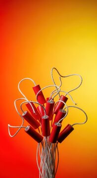 A festive arrangement of traditional small red explosive tubes connected by long white fuses, symbolizing noise, celebration, and explosive energy, bundled, group, atmosphere