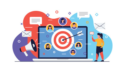 Naklejka premium Marketing concept with a large bullseye on a laptop screen and people icons representing digital target audience and advertising.
