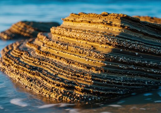 Coastal sedimentary formation visible in the intertidal zone, illustrating rough, cemented layers of ancient sand and shell fragments, rugged, mineralized, low tide
