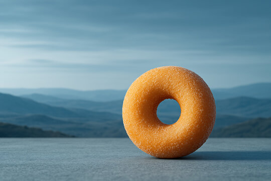 Perfectly sugared donut standing alone on a grey surface with a blurred mountain vista
