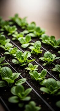 Detailed view of structured garden beds featuring healthy green foliage and dark cultivated soil, highlighting organization and growth, organized, fertile, cultivated