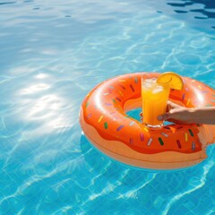 Obraz premium Luxurious summer vacation scene poolside. Refreshing orange juice drink while floating happily on a bright inflatable donut ring in clear water, wellness, carefree, happiness