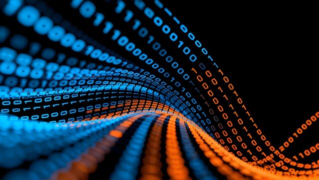 Binary code wave in blue and orange