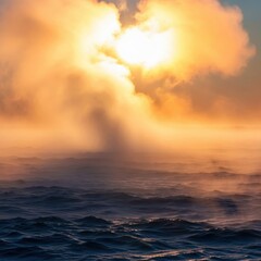 Fototapeta premium Steaming ocean surface under a harsh, oppressive summer sun, illustrating the extreme impact of climate change and elevated water temperatures globally, weather, ecology, extreme heat