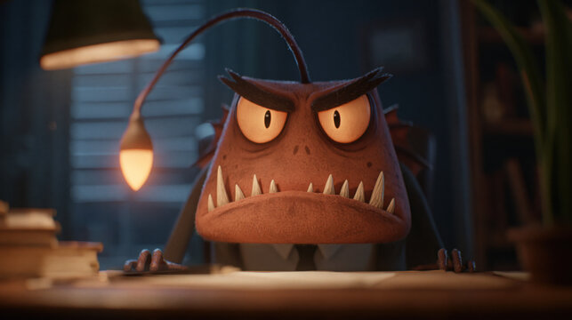 Expressive Monster Boss Portrait with Predatory Grin for Dark Humor Design