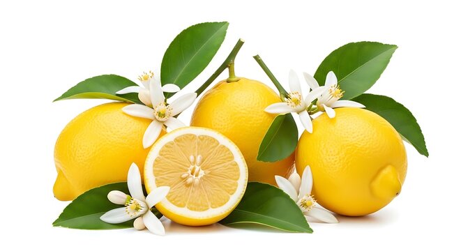Freshly picked lemons with blooming flowers and green leaves
