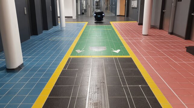 Robotic device navigates a colorful hallway with directional markers