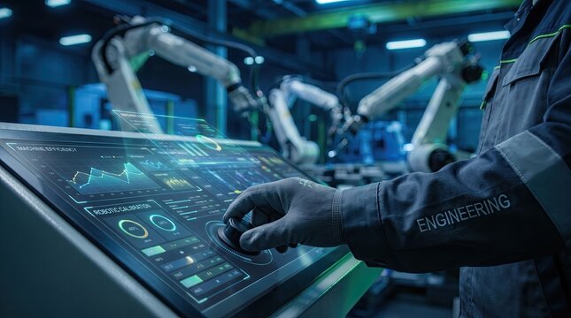 Engineer&rsquo;s hand adjusting robotic factory automation controls and machine performance metrics, industrial futuristic setting,  Generated by AI
 