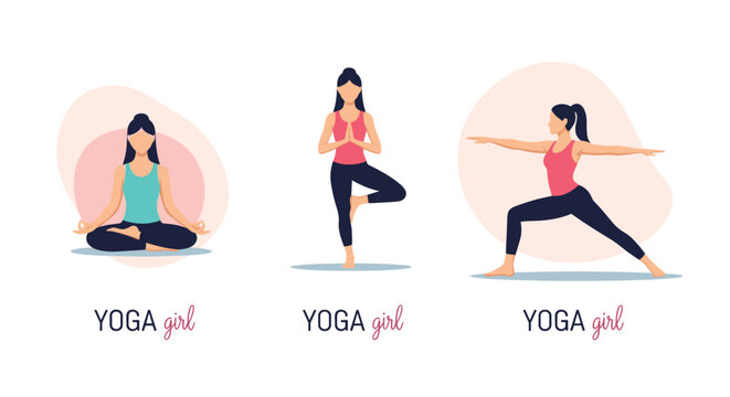 Young women practicing various yoga poses like tree pose and warrior pose for health and wellness in flat vector style.