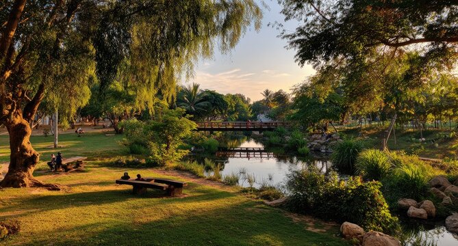 Serene park scene with bridge over water at golden hour