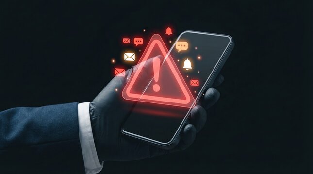 Ai threats risk data leakage protection hacking attempts malware alert on smartphone screen held by gloved hand in dark background
