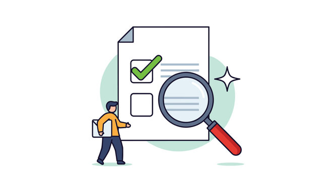Tiny man carrying an envelope next to a large checklist with a green check mark and a magnifying glass for quality audit.