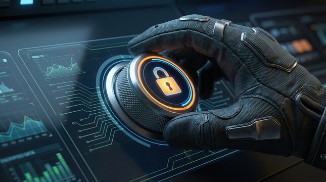 Ai threats risk data protection hacking attempts malware leakage concept with hand turning lock dial on digital interface