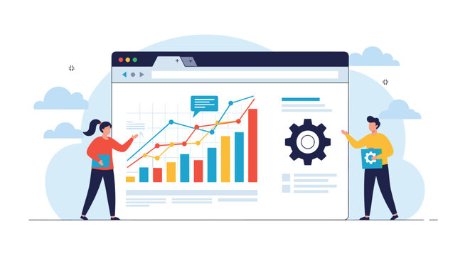 Business people standing next to a large web browser showing charts and graphs representing data analysis and company success.