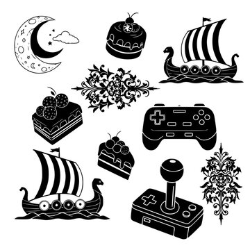 Diverse Vector Icon Set featuring Viking Ships Gaming Gear and Desserts