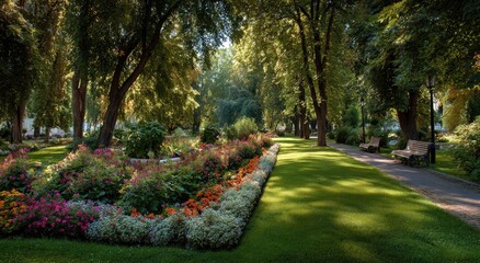 Fototapeta premium Sunlit park path lined with vibrant flowerbeds and mature trees