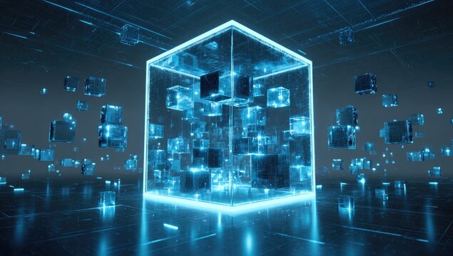 Futuristic glowing cube with digital particles suspended in dark space
