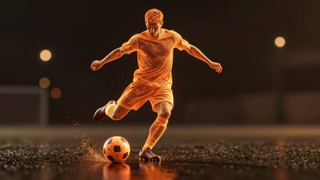 A dynamic soccer player in a glowing orange wireframe form kicks a ball on a dark field with soft focus and light effects.