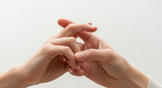 Close-up view of two human hands with fingers interlocked against a plain background, symbolizing connection and unity.