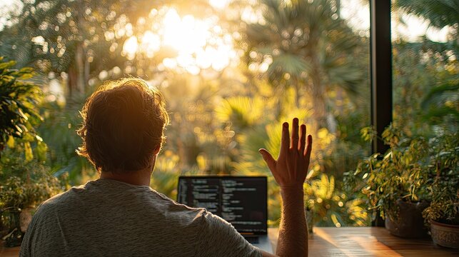 Person waves goodbye to setting sun from desk, bathed in warm light